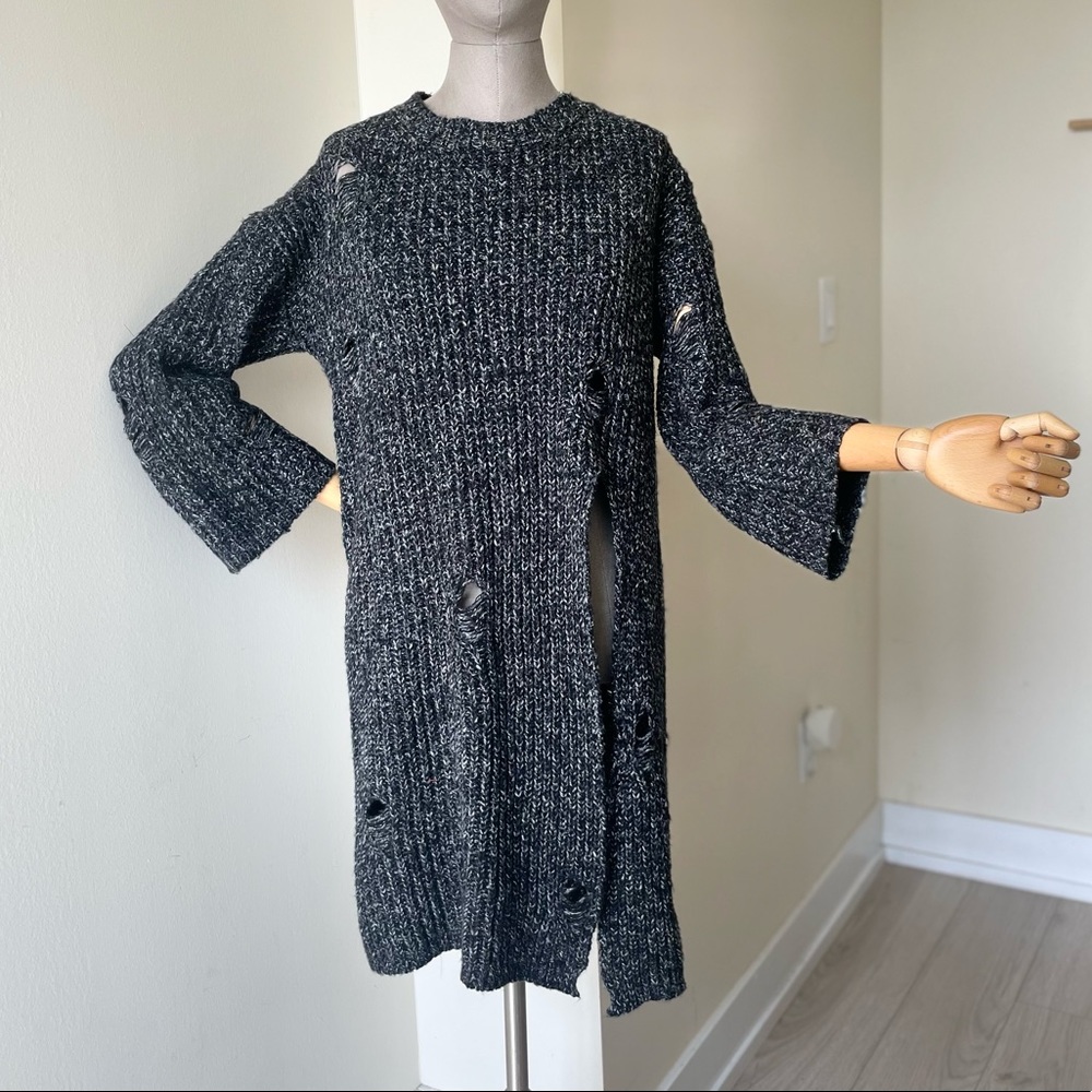 Long Black Knit Sweater with Slit in the front and distressed holes - Small